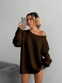 Flirla Dames Casual Losse Havermout Ronde Hals Drop Schouder Dikke Brei Trui Voor Herfst & Winter