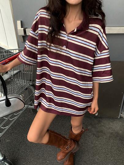 DAZY 女士休闲 Polo 领拼色条纹短袖 T 恤，夏季 Y2k 超大 T 恤