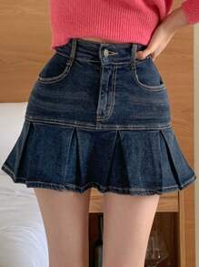 DAZY 女士深蓝色水洗蕾丝边短牛仔裙，四季牛仔裙