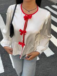SHEIN EZwear 女式撞色系带长袖休闲衬衫 - 白色 - 查看 7