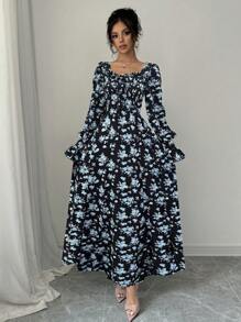 Rafferiza Vestido con estampado floral elegante, cuello con volante, mangas con volantes + puños con decoración de perlas, para primavera/otoño - Azul - Ver 3