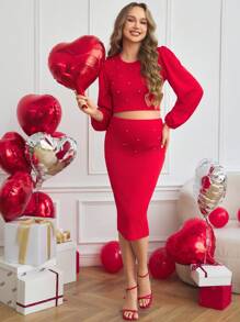 SHEIN Maternity 2pcs Red Rhinestone Top & Skirt Casual Set, Stylish For Daily Wear - Red - View 4