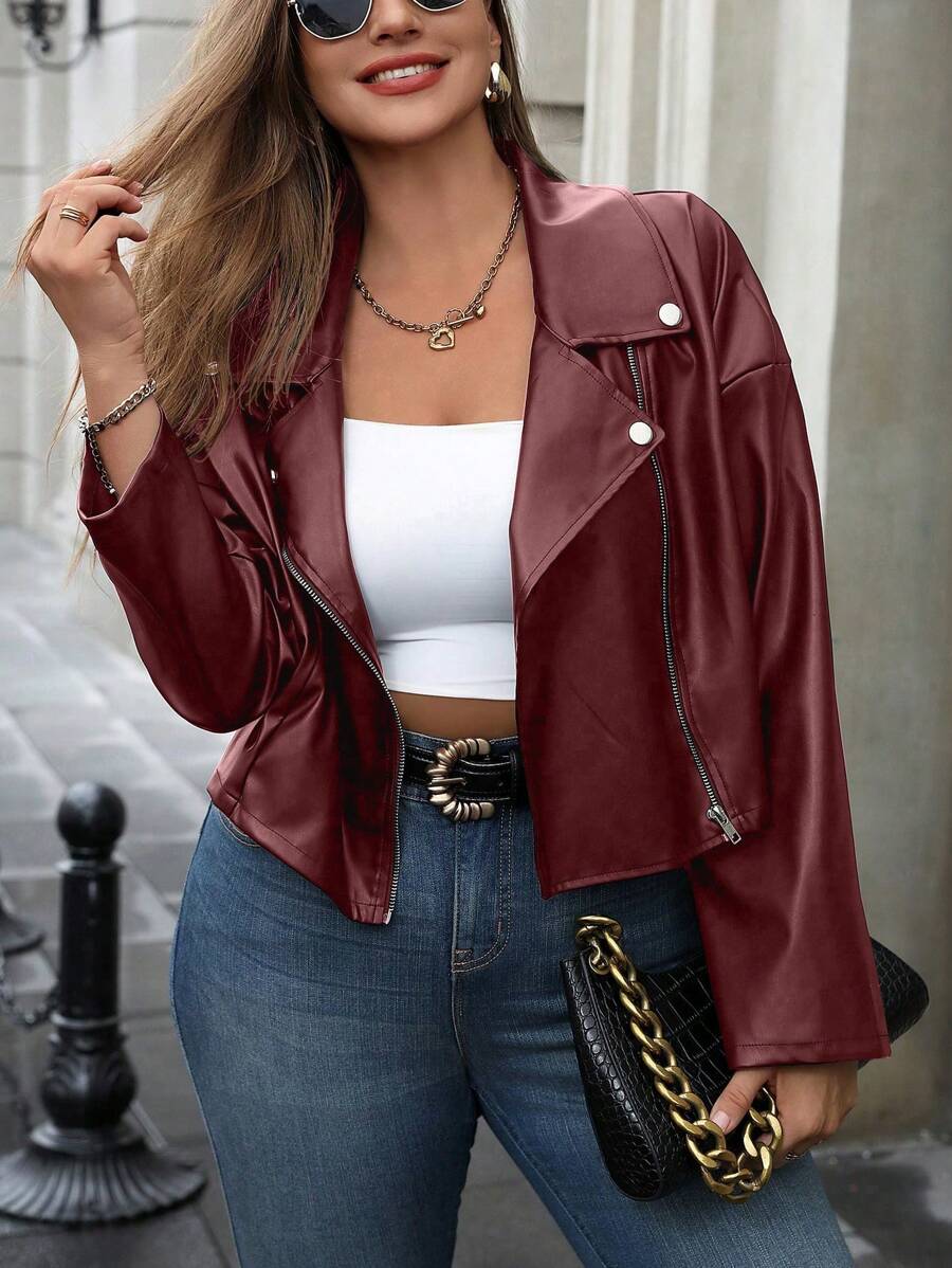 Calvaya 大码时尚短款摩托车皮夹克，秋季