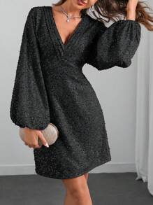 SHEIN Clasi 女士秋冬金色亮片 V 领蝙蝠袖短款派对连衣裙 - 黑色 - 查看 4