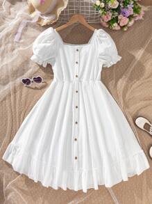 SHEIN Tween Girl Sweet Fashion Solid Ruffle Button Square Collar Puff Sleeve Dress, Suitable For Summer Party & Vacation - White - View 5