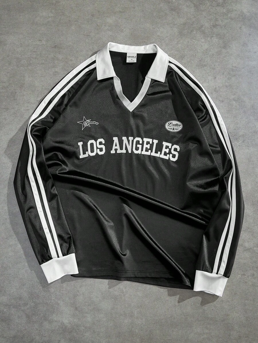 Forever 21 Men's Vintage Style Colorblock Print Polo Collar Long Sleeve Jersey - Black - View 1