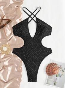 Swim SXY Summer Women's Solid Color Rhinestone Halter Backless One-Piece Swimsuit - Black - View 5