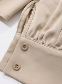 DAZY 法式优雅V领收腰修身高端衬衫成熟女性长袖上衣 - 卡其色 - 查看 3