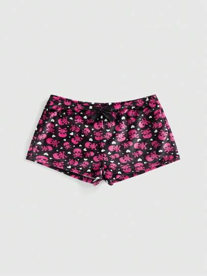 Kawaii Shorts casual e da lounge in stile Y2K, con stampa di teschi e colore a contrasto, vita bassa e soffici, per le donne