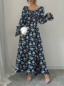 Rafferiza Vestido con estampado floral elegante, cuello con volante, mangas con volantes + puños con decoración de perlas, para primavera/otoño - Azul - Ver 5