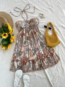 Soleia WYWH Women's Vacation Hippie Music Festival Floral Print Ruffle Hem Comfortable A-Line Casual Dress