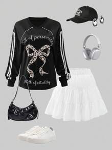 SHEIN Explorewe 2Pcs Set Teen Girl Leopard Butterfly Letter Print Blouse And White Cake Mini Skirt Cute Outfit - Black - View 1