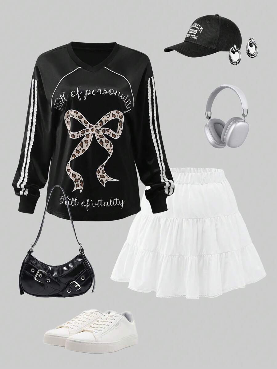 SHEIN Explorewe 2Pcs Set Teen Girl Leopard Butterfly Letter Print Blouse And White Cake Mini Skirt Cute Outfit - Black - View 1