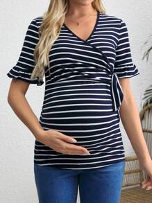 SHEIN Stripe Tie-Front Nursing Wrap Maternity T-Shirt For Vacation & Casual Occasions