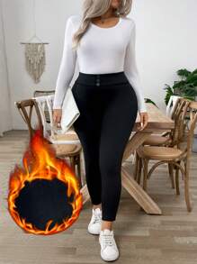 Calvaya Leggings con forro térmico negro de talla grande, estilo minimalista casual para uso diario en invierno