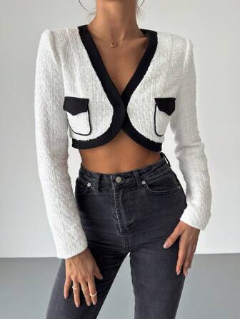 SHEIN Privé Elegant romantiskt mode för kvinnor kontorskläder, sexig stilfull design som passar för fest, semester, datum, bröllop och födelsedag, kort tweed lapptäcke långärmad beskuren jacka