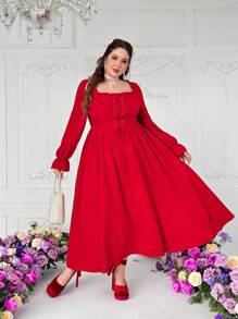 Flirla Plus Size Classic Solid Color Flattering Waistline Long Sleeve Maxi Red Dress For Romantic Date For New Year,Valentine - Red - View 5