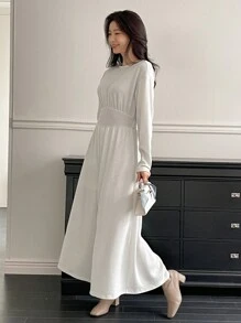 DAZY 女士优雅纯色圆领长袖宽松连体裤家居套装 - 米色 - 查看 5