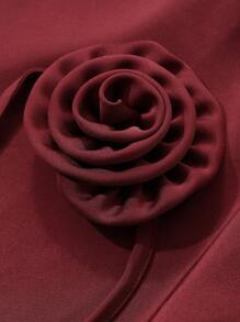 DAZY 复古法式优雅缎面玫瑰花朵系带细节长袖女式衬衫 - 酒紅色 - 查看 3