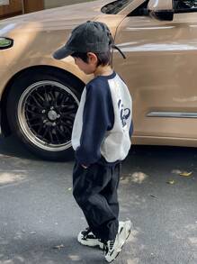 SHEIN 1pc Young Boys Raglan Sleeve Print Loose Fit Crew Neck Pullover Sweatshirt, Casual School Style, Suitable For Graphic T-Shirt, Kids Shirts, Cute T-Shirts, Everyday, School, Outings, Sports, All Seasons,In Fall/Winter - Navy Blue - View 6