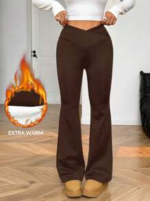 SHEIN EZwear Brown Knitted Thermal Lined Flare Casual Pants For Women