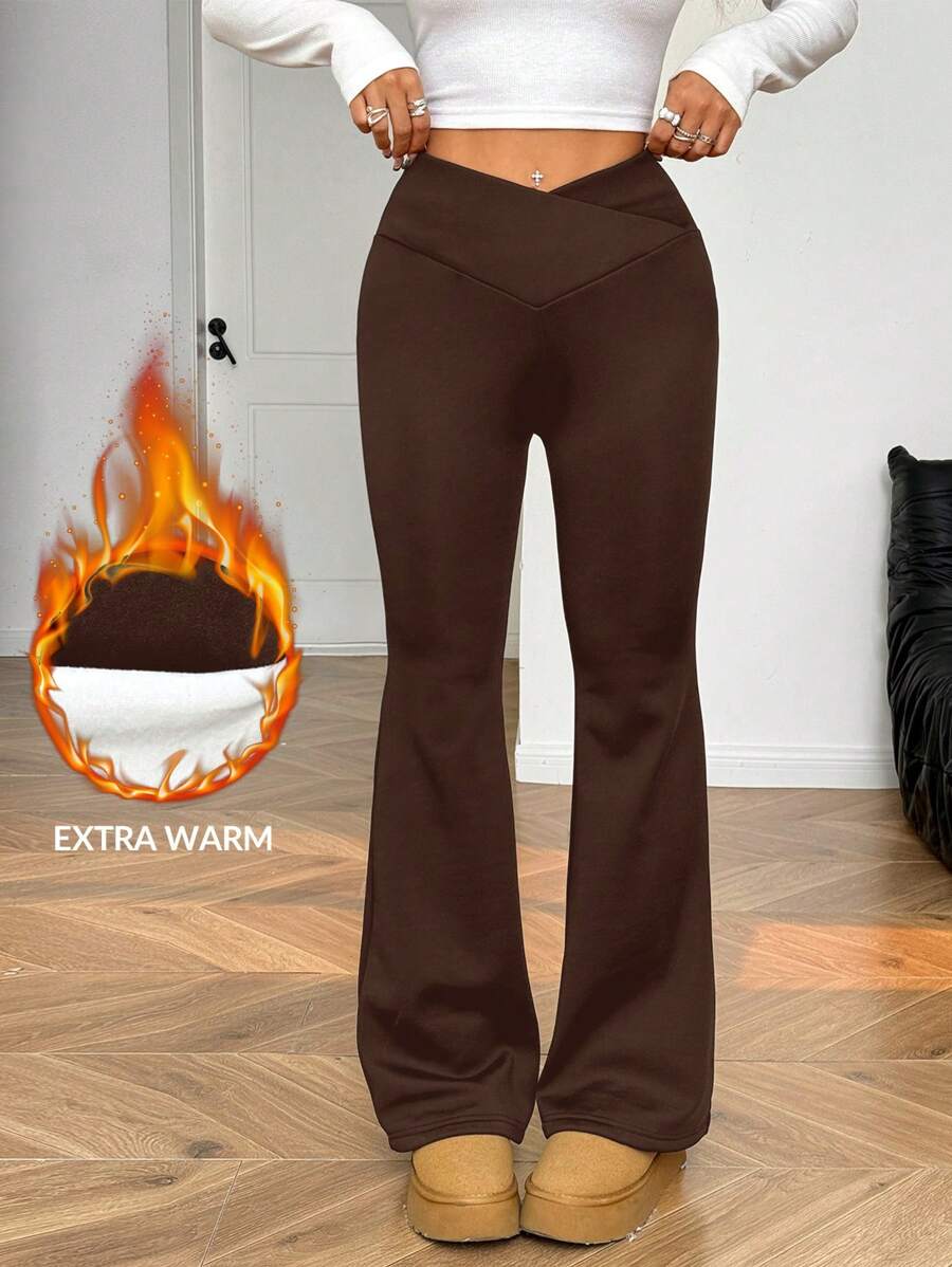SHEIN EZwear Brown Knitted Thermal Lined Flare Casual Pants For Women