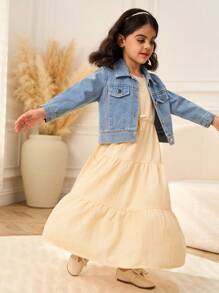 SHEIN 2pcs/Set Young Girl Denim Jacket & Apricot Sleeveless Dress, Casual Fashion Transitional Outfit, Suitable For Spring, Summer, Autumn - Multicolor - View 1