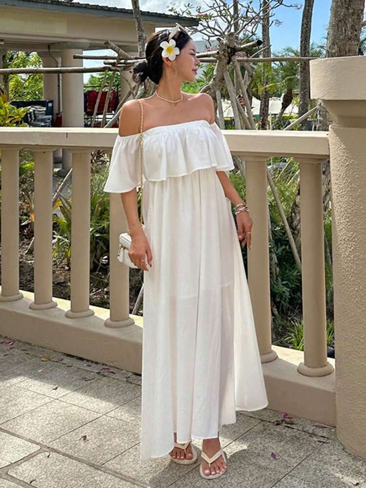 Women's Off Shoulder Ruffle Hem Dress, Loose Vacation Style,Milkmaid Dress,Casual Women Dresses