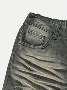 SHEIN Thời trang cho bé trai tuổi teen thường ngày cắt xẻ rách thiết kế Sense Wash Water quần jean đen denim rộng thùng thình thoải mái cho bé trai trang phục mặc hàng ngày và quần áo cho bé trai tuổi teen mùa thu/đông - màu đen - Xem 4