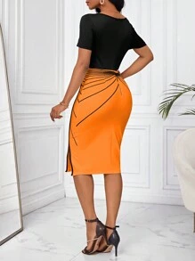 SHEIN Lady Women's Elegant Commuting Color Block Patchwork Bodycon Dress - Orange - View 2