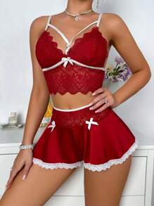 Ensemble pyjama femme avec lacets à deux tons, empiècement en dentelle et nœud décoratif