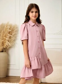 Tween Girl' Pink Ruffle Hem Asymmetrical Patchwork Casual Everyday Dress,Holiday,Summer,Travel - Pink - View 4