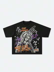 ROMWE MEN Goth Men's Virgin Mary Print Short Sleeve T-Shirt, Loose Cropped Fit