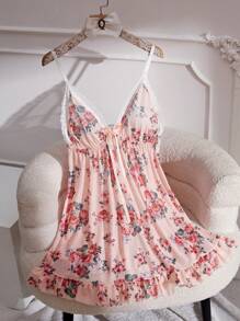 1pc Plus Size Sexy Mesh Printed Lingerie Slip Floral Print Dress