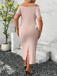 INAWLY Robe longue décontractée à épaules dénudées de couleur unie pour grandes tailles, couleur nude, pour femmes