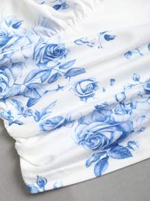 Sweetra Women's New Spring Summer Blue Rose Print Elegant Sleeveless Shirt, Commuting Style Fitted Charming Stand Collar Butterfly Pleat Decor Tie Waist Crinkle Craft Blue And White Sleeveless Short Tank Top