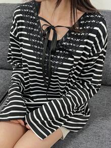 FRIFUL Women Loose Fit V-Neck Lace Patchwork Tie-Waist Striped T-Shirt Long Sleeve