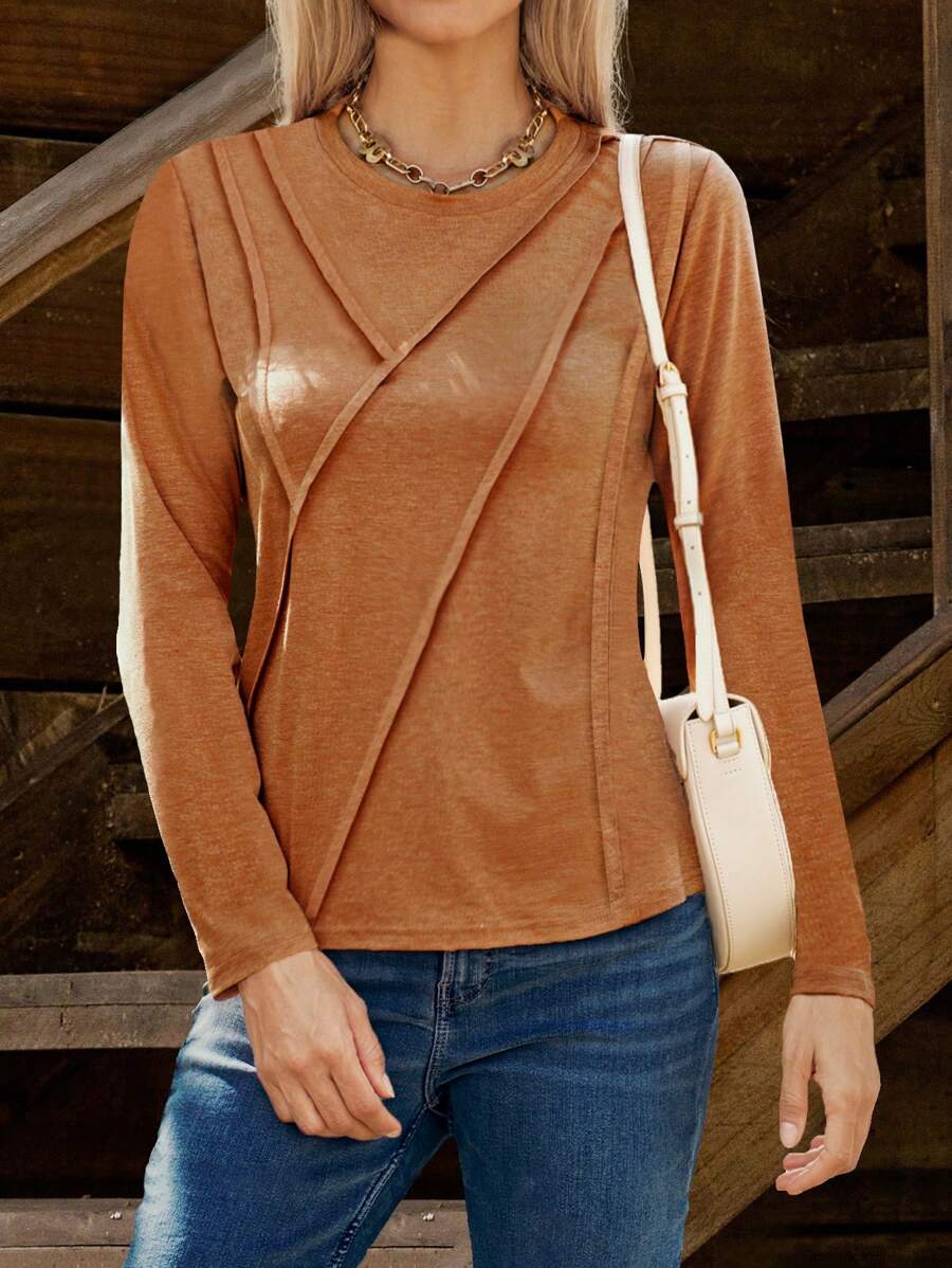 LanaWest Women's Early Spring Casual T-Shirt, Crew Neck, Long Sleeve, Front Pleated, Comfortable Soft Relaxed Straight Fit, Suitable For Western Country Style, Taupe Color Fall Cloth For Women