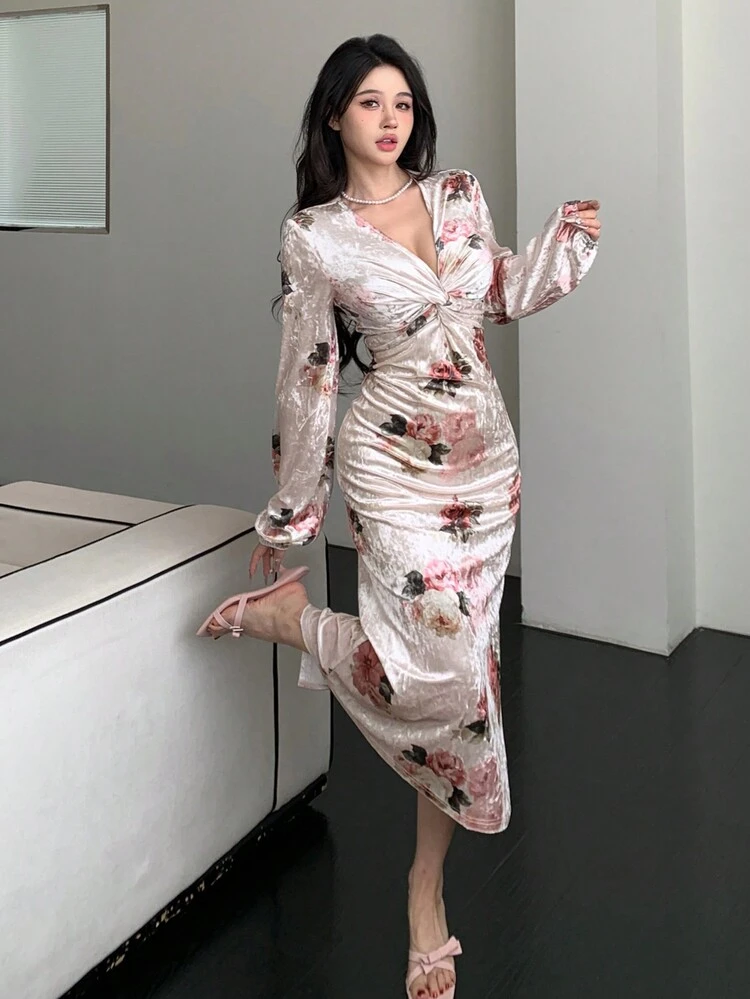Women's V-Neck Twist Knot Floral Print Midi Dress Elegant,Fall Clothes Long Sleeve Dress