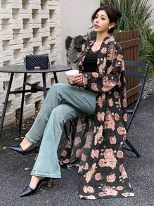 DAZY Áo choàng kimono dài tay rộng rãi in hoa cho nữ khi đi nghỉ - Nhiều màu - Xem 2