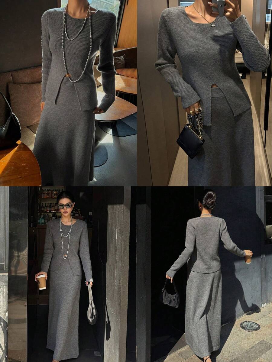 DAZY 女式修身纯色开叉针织毛衣和裙子两件套秋季