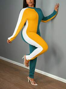 Slaydiva Damen Große Größen Lässig Raglan Ärmel Splice Zweifarbiger Rippenstoff Jumpsuit - Verschiedenfarbig - Übersicht 2