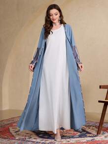 Al Najma Women Geometric Print Long Sleeve Maxi Loose Arabic Robe Cardigan Abayas - Multicolor - View 3