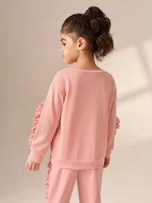 SHEIN Young Girl' Pink Ruffled Trim Sweatshirt, Casual & All-Match, Suitable For Spring And Autumn - Pink - View 2