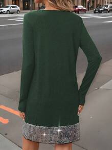 SHEIN LUNE Robe mini à manches courtes et longues, patchwork de blocs de couleurs et de sequins - Vert - Voir 2