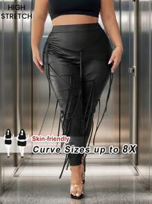 SHEIN CURVE+ Plus Size Women's Slim Fit Pants With Cross Tie Design, Suitable For Parties, Gatherings, Daily Leisure