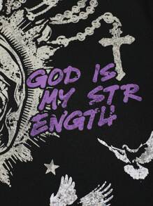 ROMWE MEN Goth Men's Virgin Mary Print Short Sleeve T-Shirt, Loose Cropped Fit