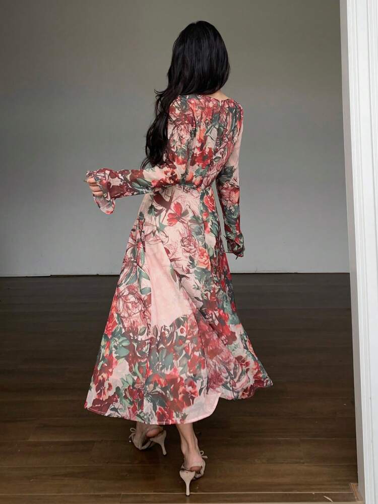 V-Neck Floral Print Mid-Length Tie-Waist Dress For Women,Fall Clothes Long Sleeve Dress Maxi Dress