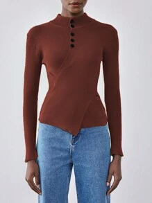 SHEIN Unity 高领套头毛衣，修身版型，纽扣装饰针织套头衫，秋冬款 - 咖啡棕 - 查看 7