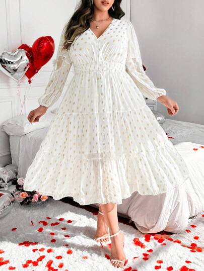 Flirla Plus Size Elegant Foil Dot Printed Mesh Contrast Dress Maxi Women Outfit